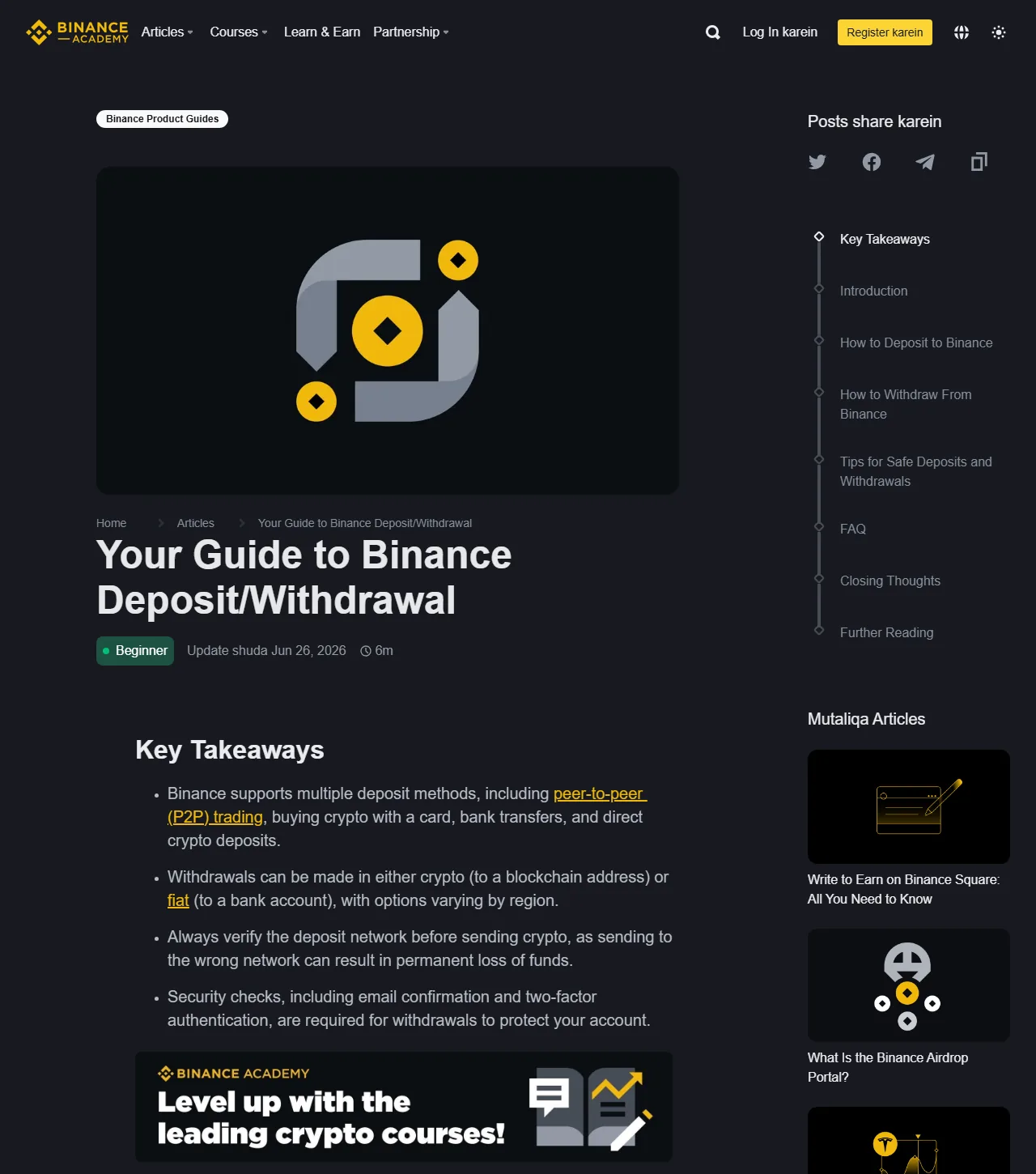 Binance Academy 官方存提幣指南頁面,列出核對網路等安全重點