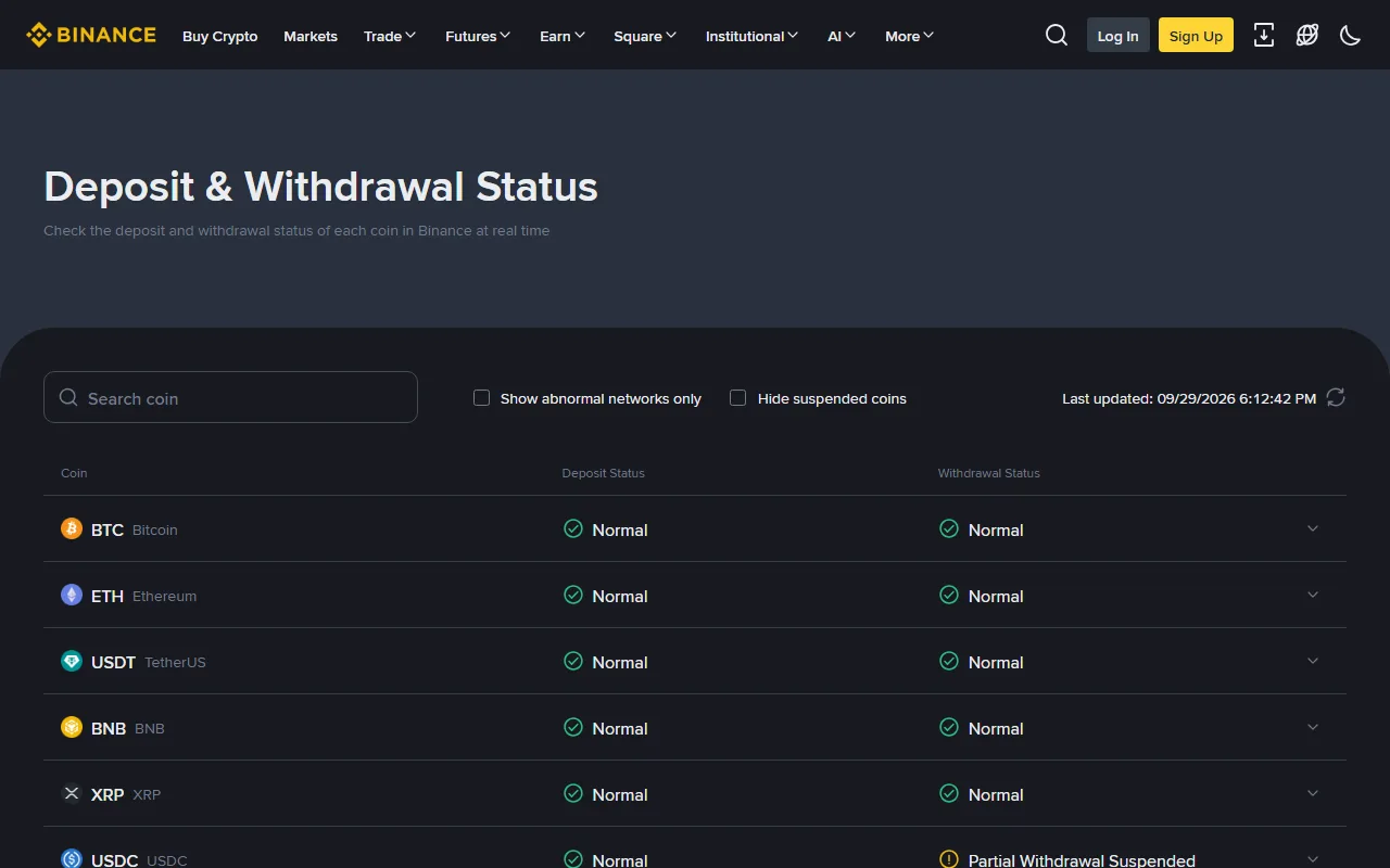 Binance Deposit & Withdrawal Status பக்கம்; BTC, ETH, USDT, BNB, XRP வரிசைகளில் deposit மற்றும் withdrawal நிலை Normal எனவும், USDC வரிசையில் withdrawal நிலை Partial Withdrawal Suspended எனவும் காட்டப்படுகிறது