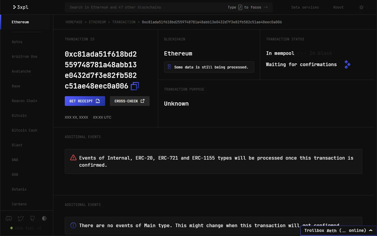 3xpl block explorer-ல் ஒரு Ethereum transaction-ன் நிலை: Transaction status பகுதியில் "In mempool … In block" மற்றும் "Waiting for confirmations" எனக் காட்டப்படுகிறது, timestamp இடத்தில் XXX XX, XXXX என்று மட்டும் உள்ளது