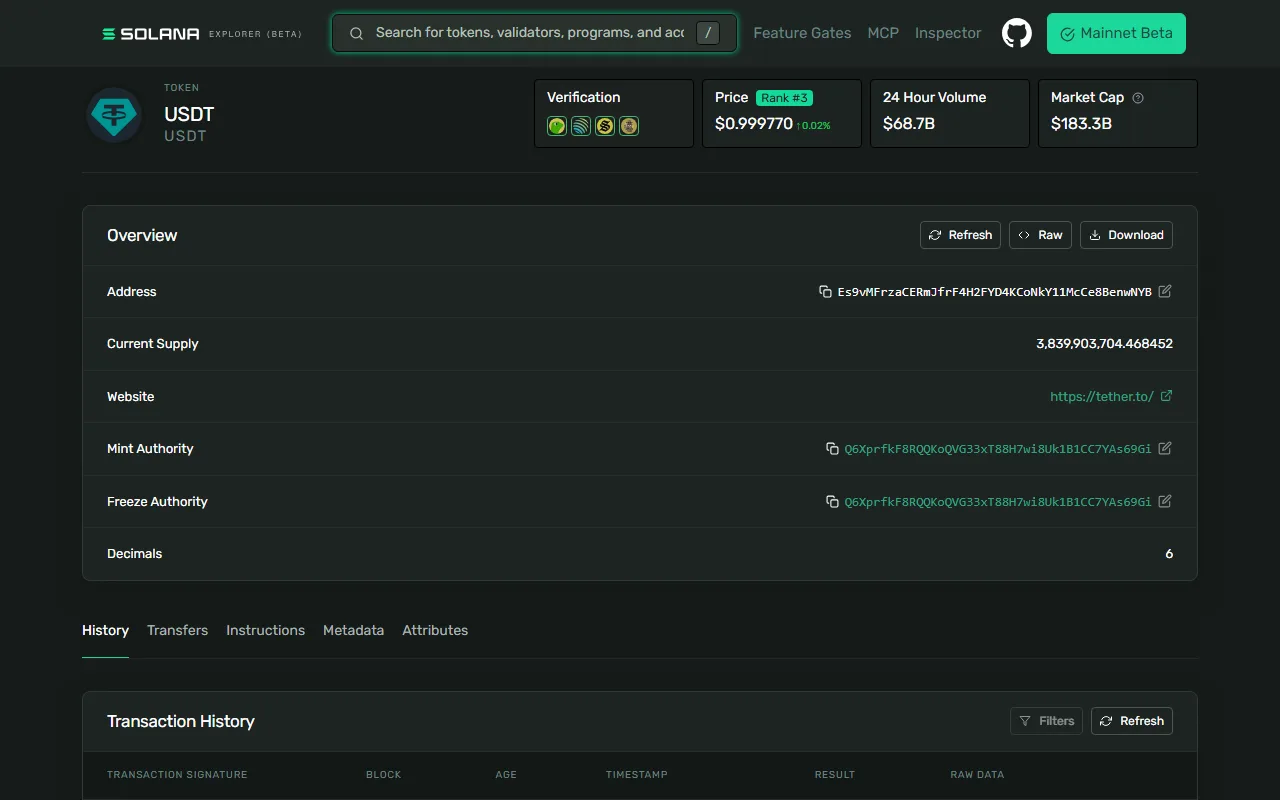 Solana Explorer-ல் USDT token பக்கம் — mint address, decimals மற்றும் Transaction History பகுதி தெரிகிறது