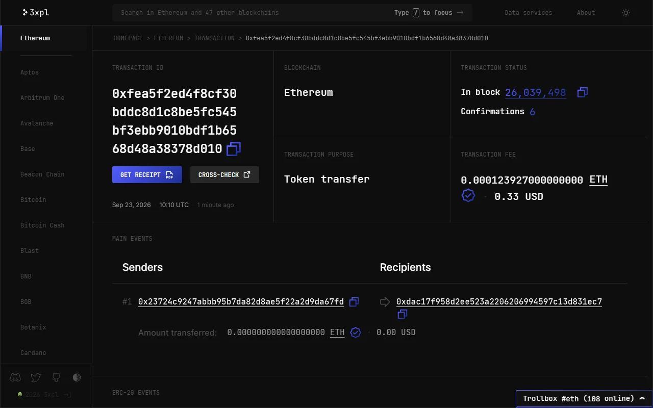 3xpl-ல் முடிவடைந்த ஒரு Ethereum USDT transaction: Transaction status பகுதியில் "In block 26,039,498" மற்றும் "Confirmations 6", transaction purpose "Token transfer", transaction fee 0.000123927 ETH எனக் காட்டப்படுகிறது